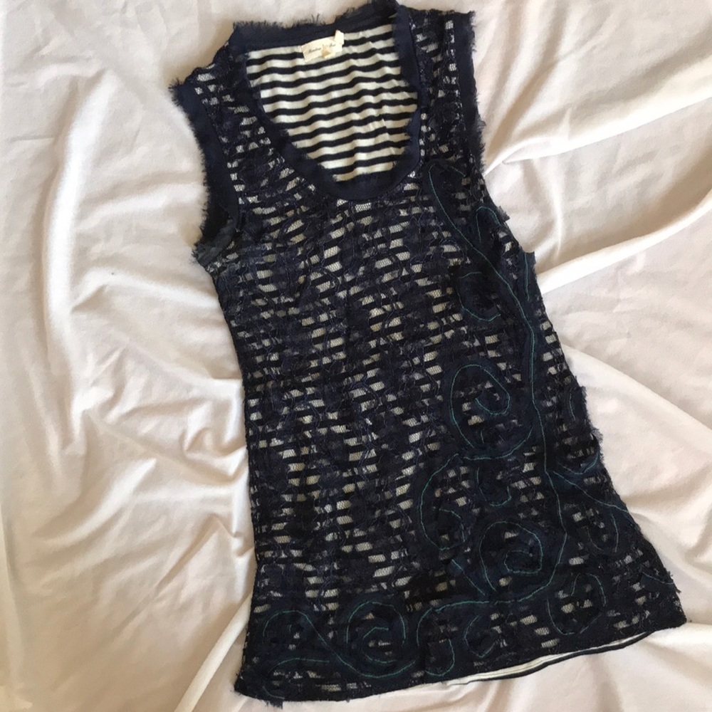 Layered navy blue stripe lace tank top tunic